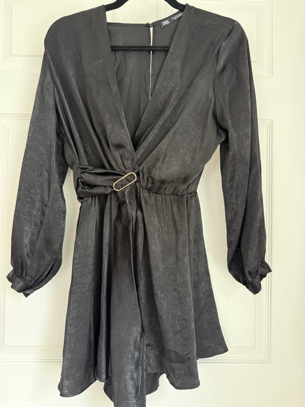 Zara Black Satin Wrap-Style Romper with Gold Buckle